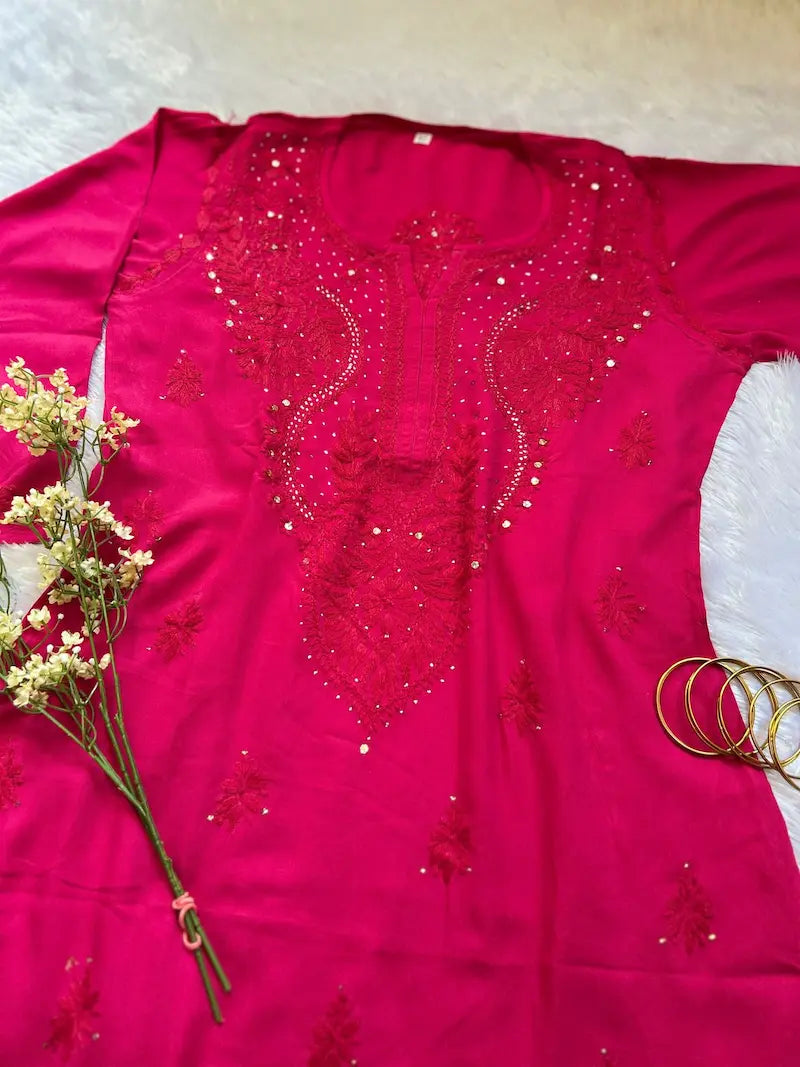 Fuchsia rayon chikankari kurti top with embroidery by Hayat’s Lucknowi