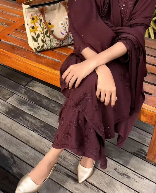 Nagma brown rayon Lucknowi Mukesh chikankari set with dupatta featuring intricate hand embroidery and delicate Mukesh work for timeless festive and ethnic elegance by Hayat's Lucknowi.
