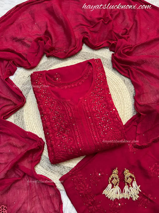 Fuchsia rayon mukesh chikankari suit set by Hayat’s Lucknowi
