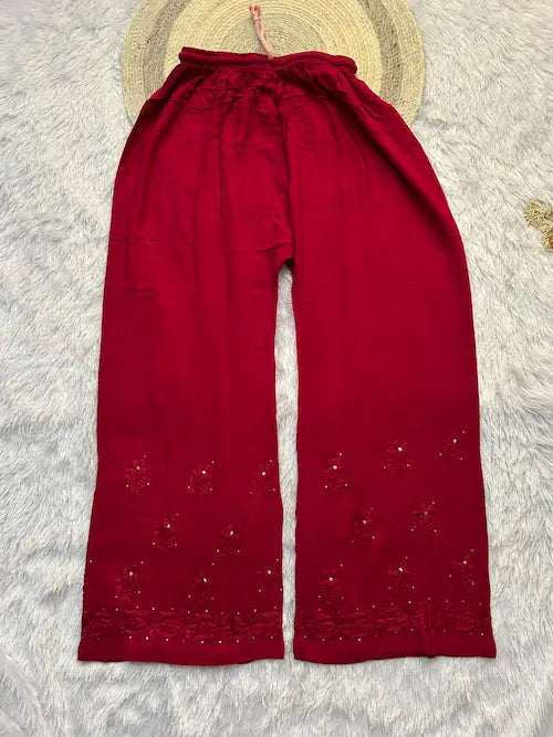 Fuchsia rayon mukesh chikankari suit pant by Hayat’s Lucknowi