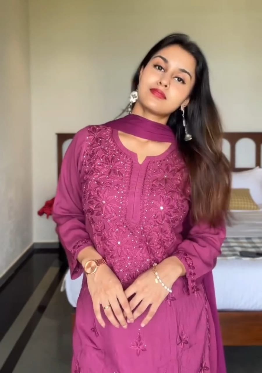 Wine rayon Lucknowi chikankari kurta set with mukesh work and dupatta crafted for elegant festive wear by Hayat's Lucknowi