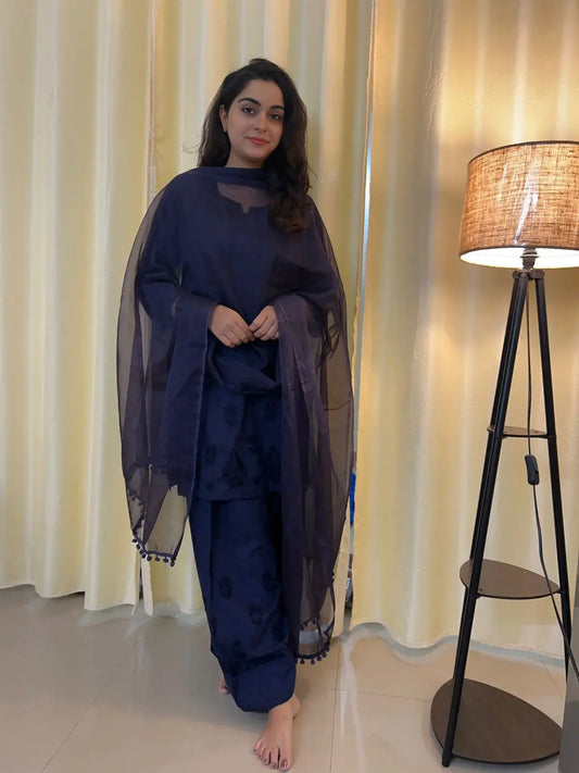 Navy chikankari farshi shalwar full sleeves suit with traditional embroidery by Hayat’s Lucknowi