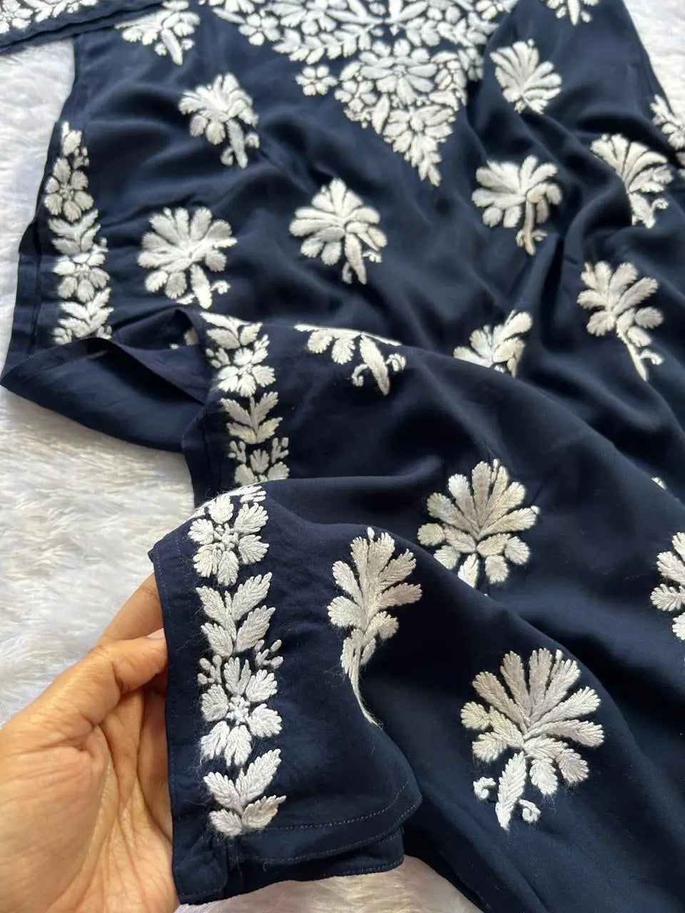 Navy modal Lucknowi chikankari kurta crafted with intricate hand embroidery for a refined and elegant ethnic look by Hayat's Lucknowi