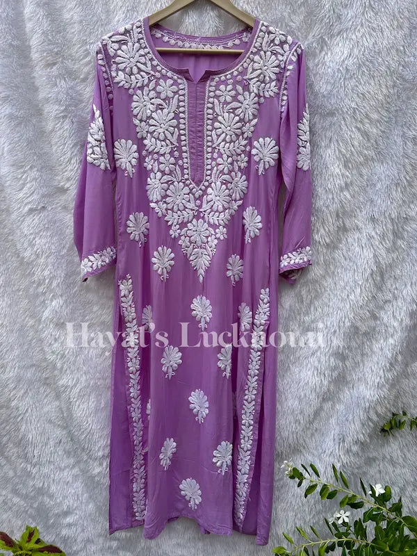 Lavender modal kurti with chikankari embroidery by Hayat’s Lucknowi