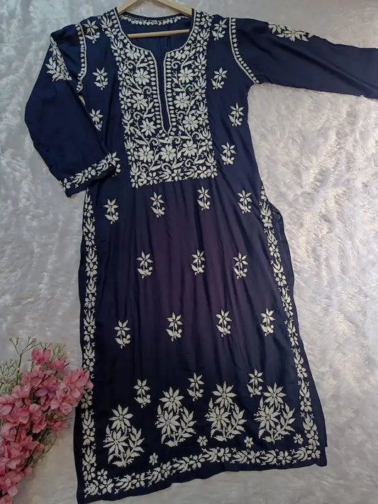 Navy modal chikankari kurti with embroidery by Hayat’s Lucknowi