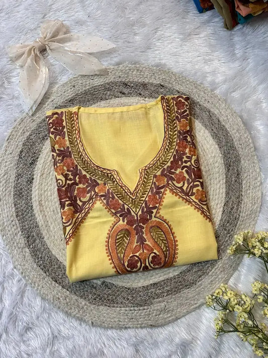light yellow Kashmiri long kurta with embroidery details by Hayat’s Lucknowi