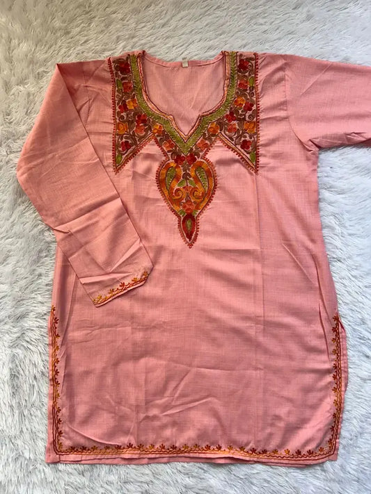 Pink Kashmiri short top with intricate embroidery by Hayat’s Lucknowi
