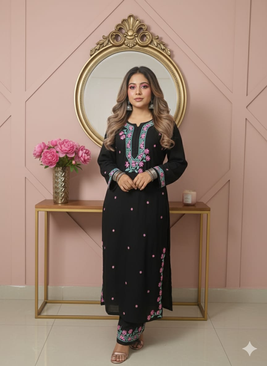 Pure Black Faiza rayon chikankari suit set with kurta, bottom & dupatta by Hayat’s Lucknowi