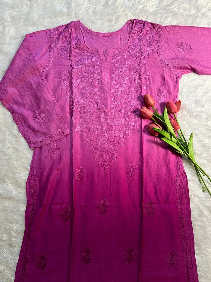 Purple chanderi kurti with embroidery details by Hayat’s Lucknowi