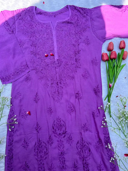 Purple modal long kurta with chikankari embroidery top casual wear by Hayat’s Lucknowi