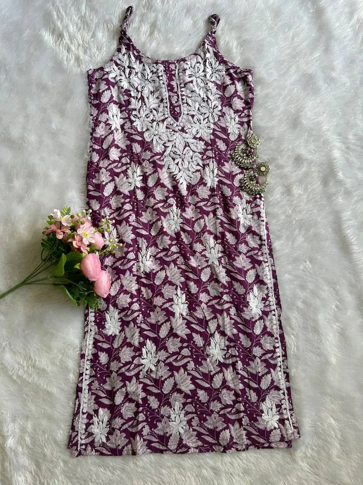 Saaz Purple Noodle Strap Mul Mul Kurta featuring delicate Chikankari embroidery on lightweight, soft and breathable Mul Mul cotton fabric for an elegant and effortless ethnic look by Hayat’s Lucknowi.