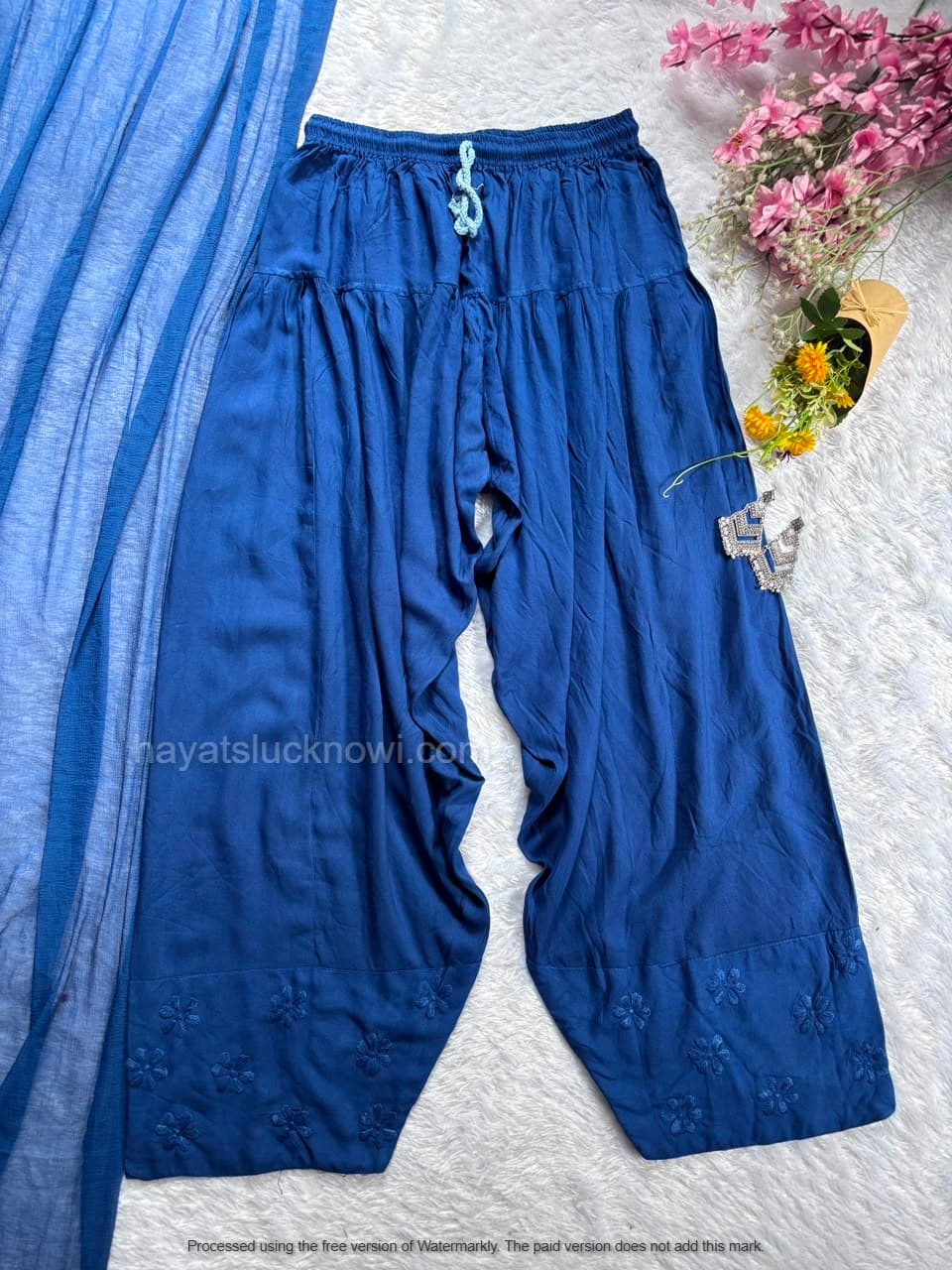 Blue Rayon Chikankari Farshi Set featuring intricate hand embroidery on soft rayon fabric for a graceful traditional and festive look by Hayat’s Lucknowi.