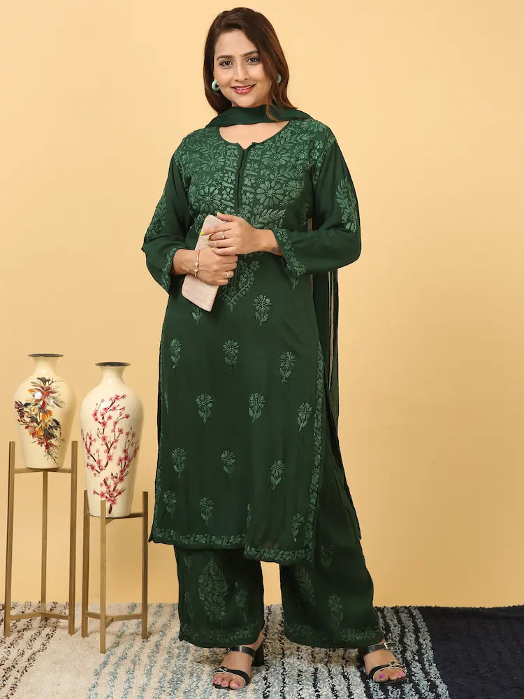 Zeenat bottle green rayon Lucknowi chikankari kurta set with dupatta featuring intricate hand embroidery for a graceful and elegant ethnic ensemble by Hayat's Lucknowi