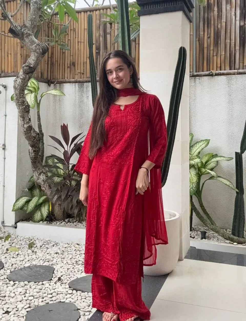Zeenat Red Rayon Lucknowi Chikankari Set