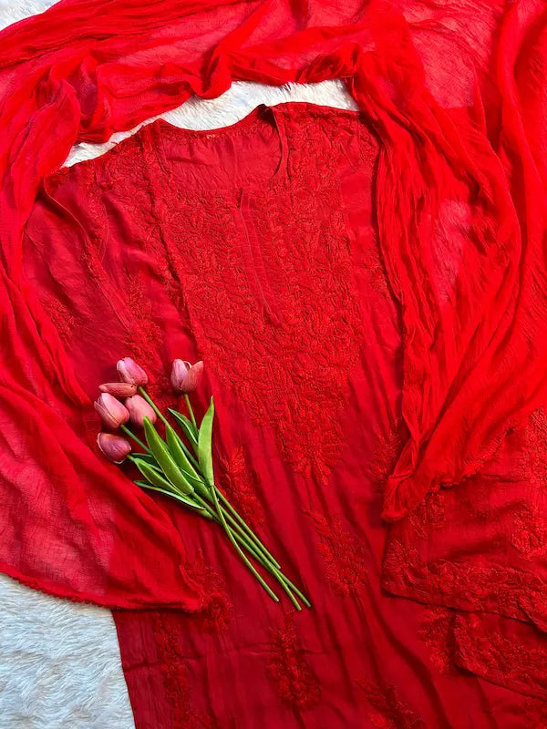 Red muslin chikankari suit set everyday wear embroidery by Hayat’s Lucknowi