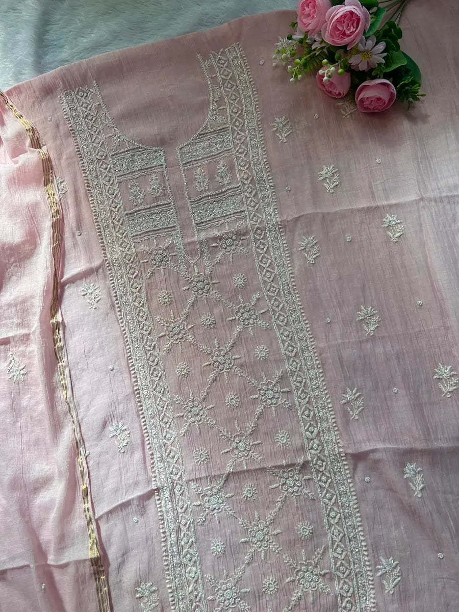 Roohi women's pink mul Chanderi handwork kurta and dupatta unstitched suit featuring intricate handcrafted detailing and elegant traditional craftsmanship for graceful ethnic wear by Hayat's Lucknowi.