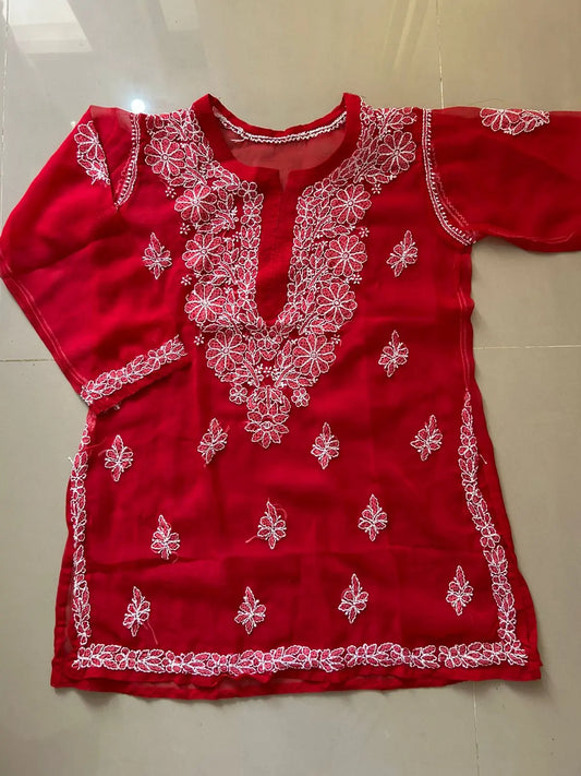Ruhi red georgette Lucknowi Chikankari short kurti featuring intricate handcrafted Chikankari embroidery on lightweight, flowy georgette fabric for elegant everyday, festive, and ethnic wear by Hayat's Lucknowi.