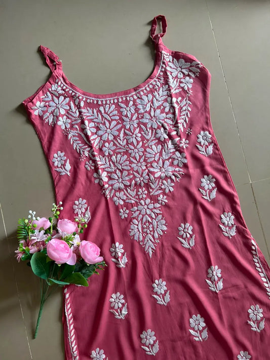 Saba nude noodle strap chikankari long kurti featuring delicate hand embroidery and lightweight breathable fabric for elegant contemporary ethnic wear by Hayat's Lucknowi.