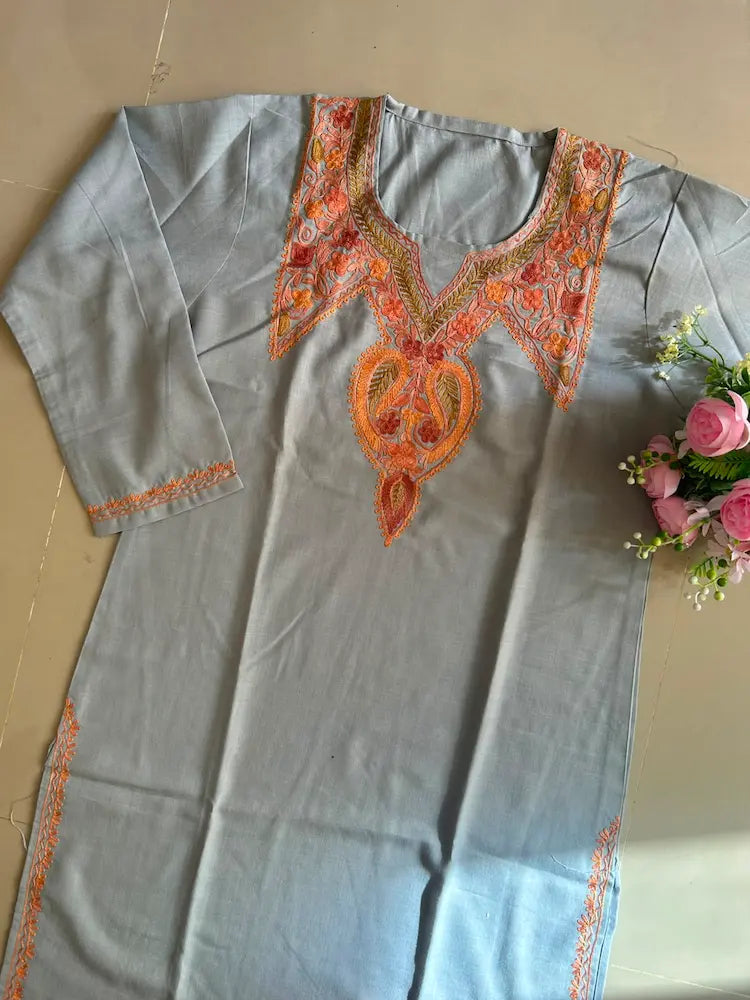 Sabiha gray cotton Kashmiri embroidered long kurta featuring intricate traditional Kashmiri embroidery and soft breathable cotton fabric for elegant everyday ethnic wear by Hayat's Lucknowi.