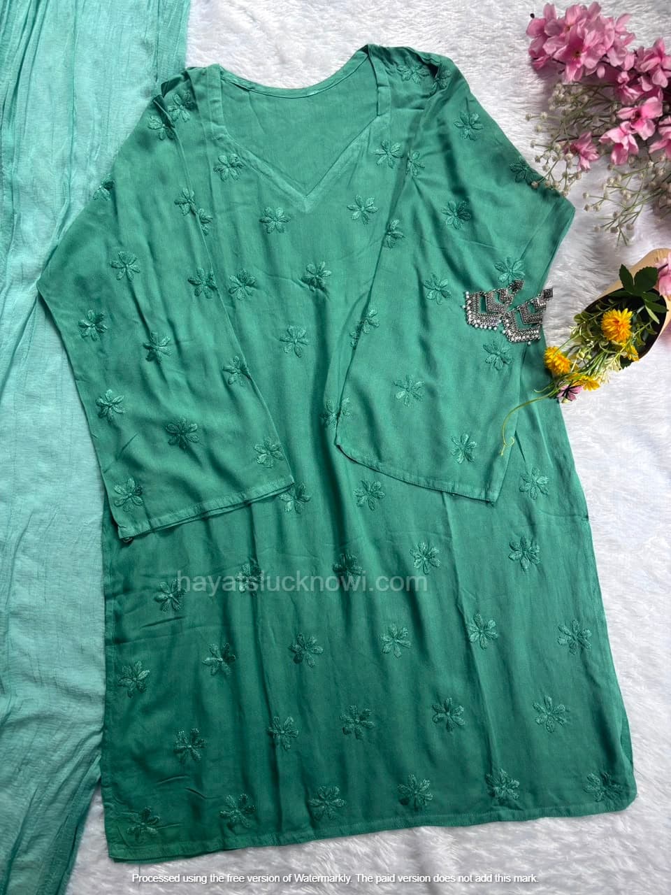 Sage Green Rayon Chikankari Farshi Set featuring intricate hand embroidery on soft rayon fabric for a graceful traditional and festive look by Hayat’s Lucknowi.