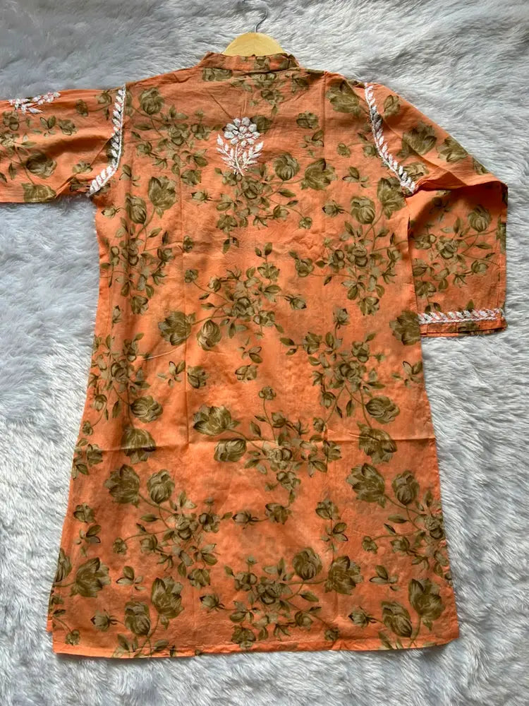 Sana peach green mul mul Lucknowi chikankari kurta set featuring delicate hand embroidery and soft breathable fabric for elegant everyday and festive ethnic wear by Hayat's Lucknowi.