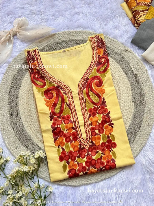 Pastel yellow kashmiri short top with embroidery details by Hayat's Lucknowi