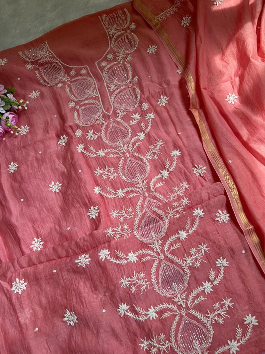 Sia women's peach mul Chanderi handwork kurta and dupatta unstitched suit featuring intricate handcrafted detailing and elegant traditional craftsmanship for timeless ethnic wear by Hayat's Lucknowi.