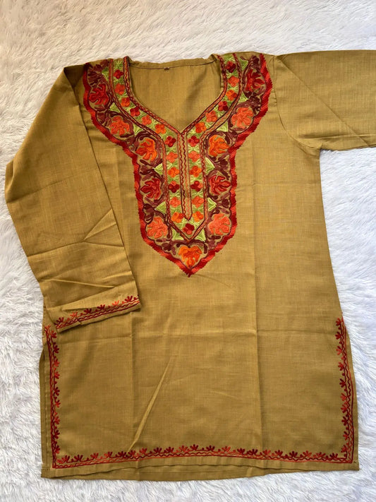 Khaki Kashmiri short kurta designed with classic handcrafted detailing by Hayat's Lucknowi