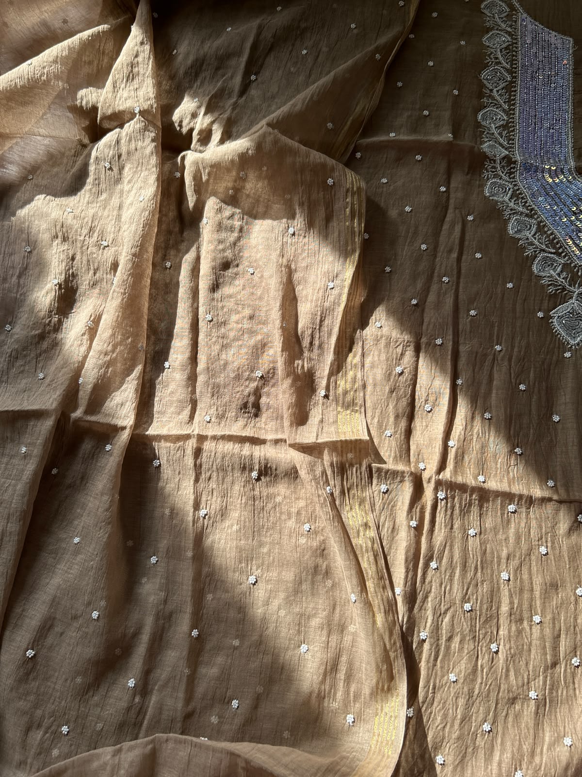 Tabish women's brown mul Chanderi handwork kurta and dupatta unstitched suit featuring intricate handcrafted detailing and elegant traditional craftsmanship for timeless ethnic wear by Hayat's Lucknowi.