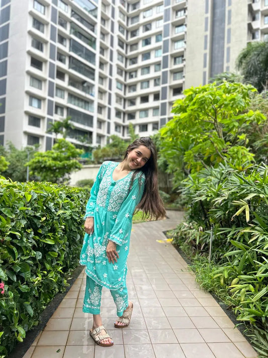 Turquoise modal co-ord with chikankari embroidery by Hayat’s Lucknowi