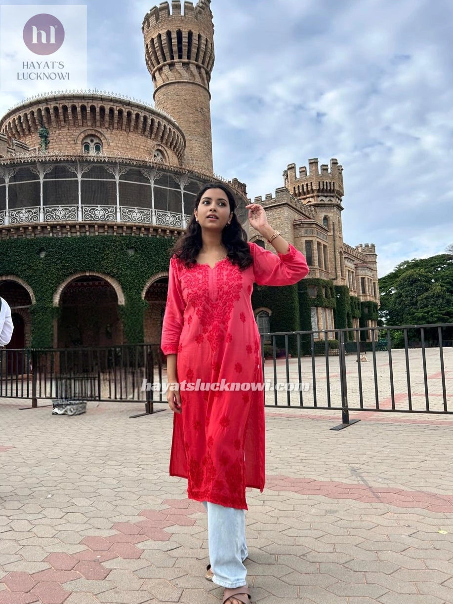 red ombre chikankari kurti long can be pair with jeans