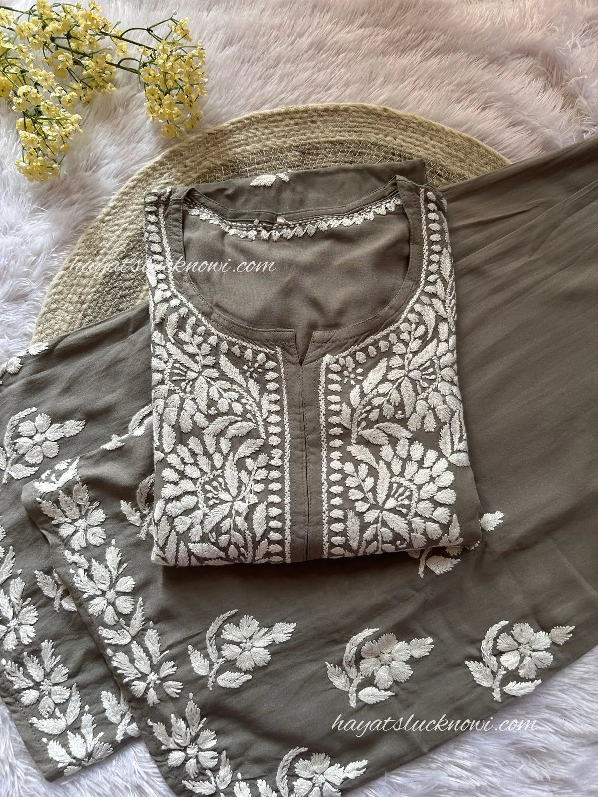 gray chikankari kurta plazo rayon set for festive wear