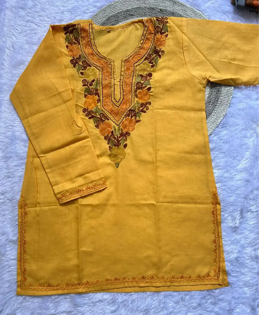 Gulnaz Golden Yellow Kashmiri Short Kurta