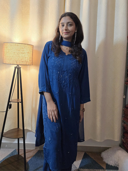 Nagma Blue Rayon Mukesh- Chikankari Set