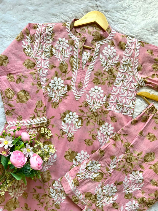 Sana Pink Mul Mul Lucknowi Chikankari Kurta Set