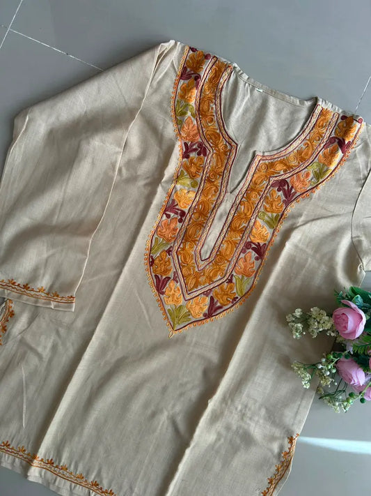 Sona Light Beige Cotton Kashmiri Kurti | Short Embroidered Kurta