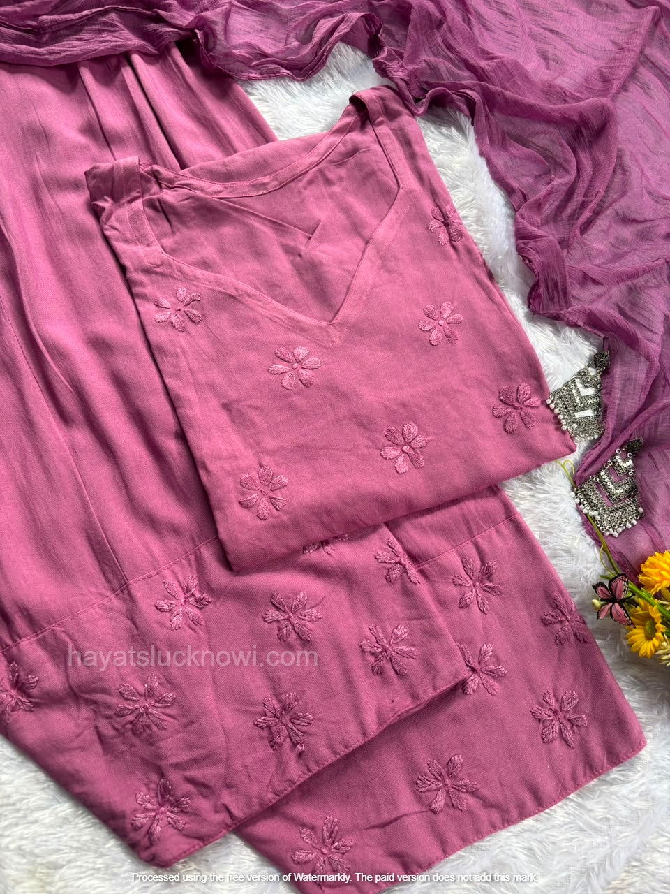 Lavender Rayon Chikankari Farshi Set