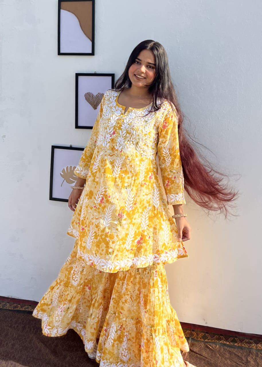 Humera Yellow Mul Mul Chikankari Garara Set