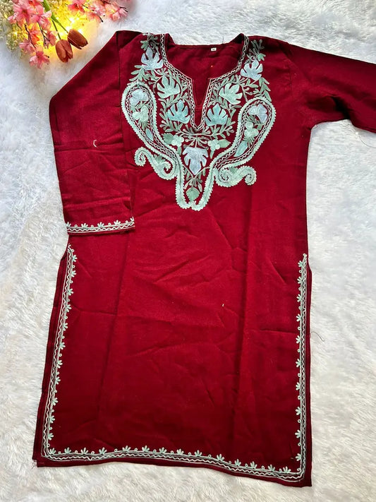 Wine Red Kashmiri Woolen Long Kurta