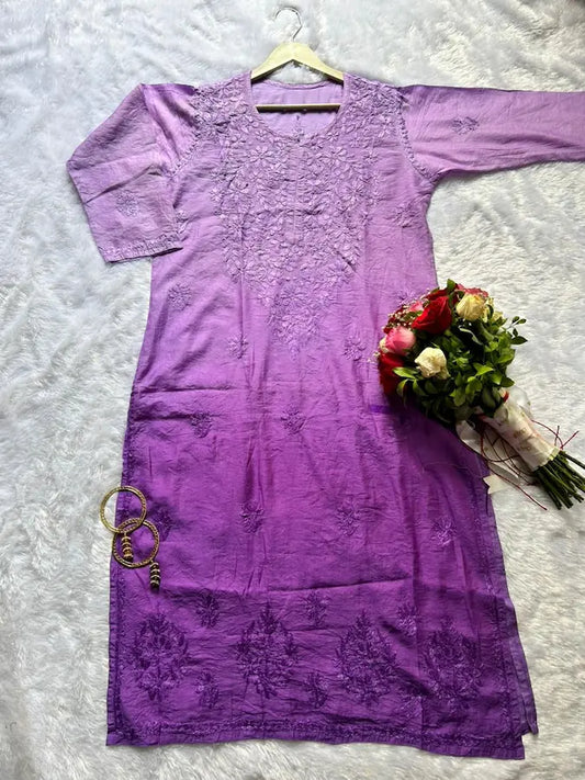 Lavender Chanderi Chikankari Kurti