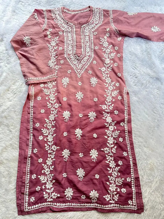 पीली चंदेरी चिकनकारी कुर्ती