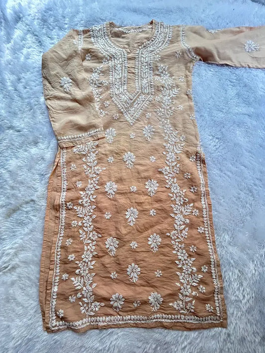 पीली चंदेरी चिकनकारी कुर्ती