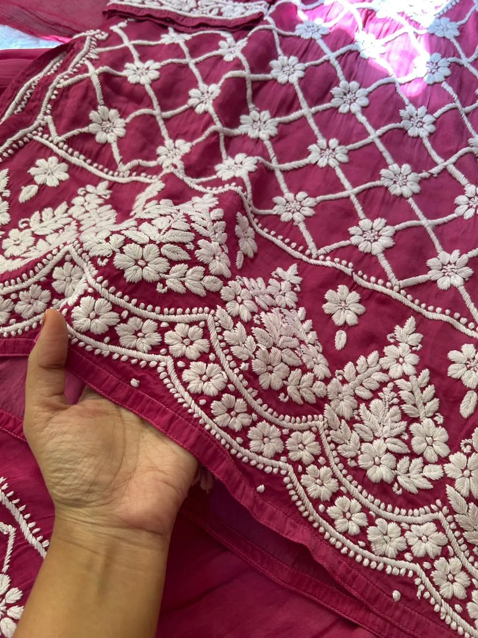Wine Lucknowi Chikankari Modal Satin Garara Set with Dupatta