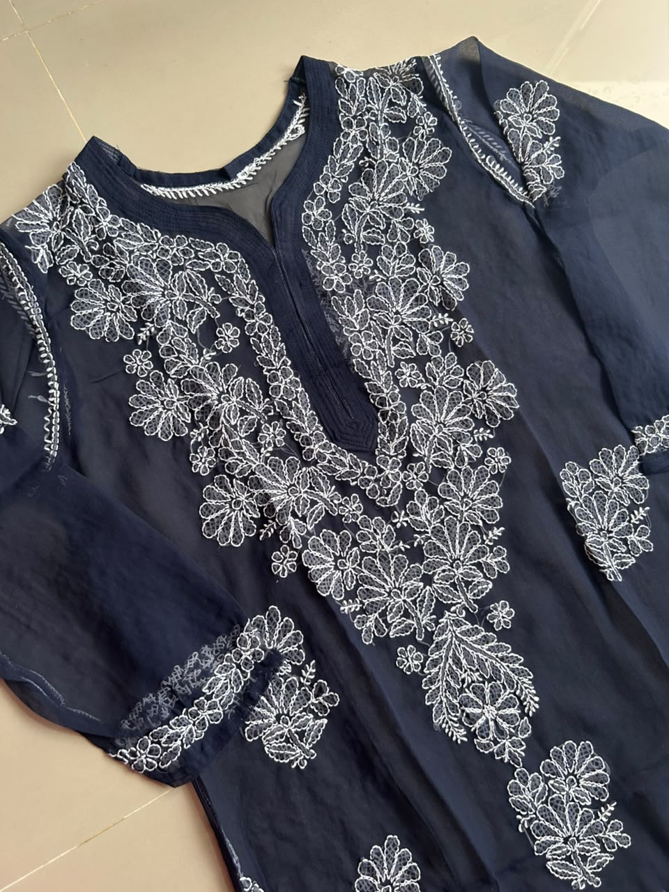 Ayena Navy Blue Georgette Chikankari Kurti