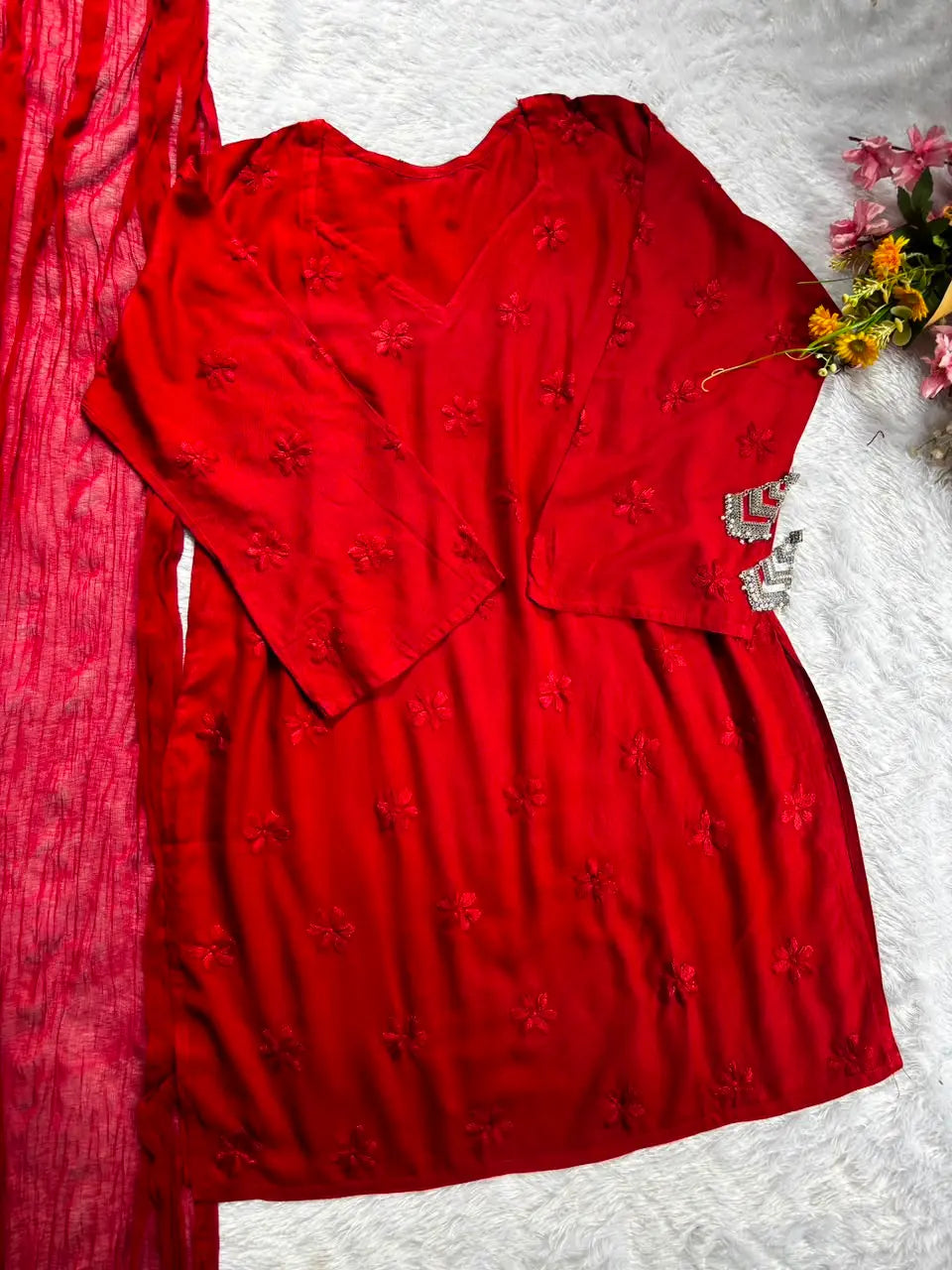 Red Rayon Chikankari Farshi Set