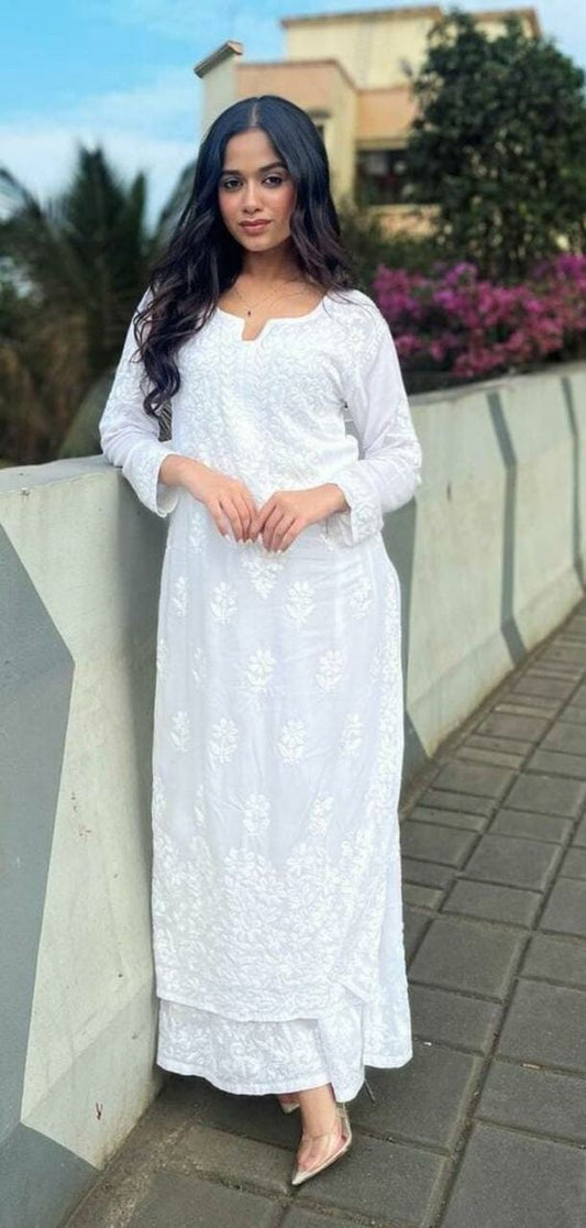 Khushi White Rayon Lucknowi Chikankari Kurta Set