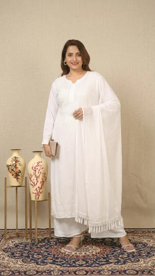 White rayon Lucknowi chikankari kurta set with dupatta featuring delicate hand embroidery and elegant traditional craftsmanship for graceful festive and everyday ethnic wear by Hayat's Lucknowi.