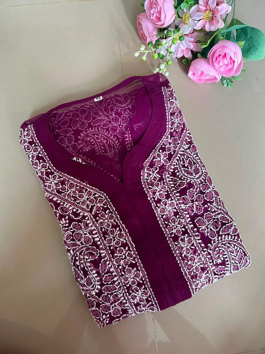 Karishma wine georgette chikankari kurti featuring delicate hand embroidery and flowy lightweight fabric for elegant festive and everyday ethnic wear by Hayat's Lucknowi.