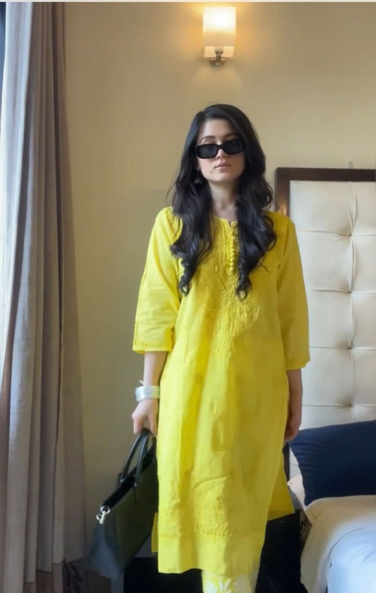 Yellow dobby cotton kurta pant set - Hayat's Lucknowi