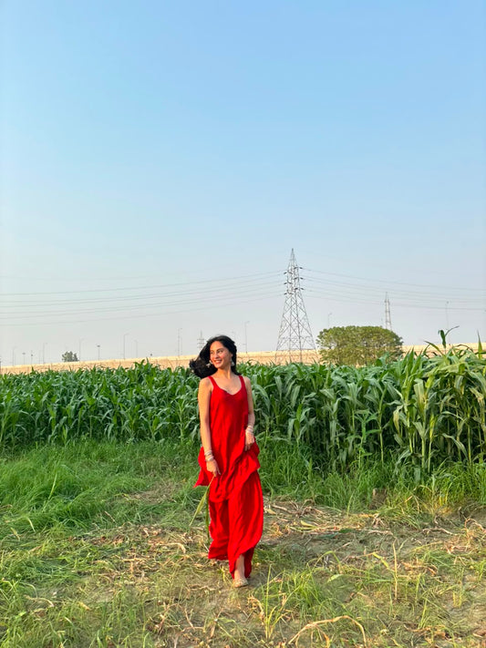 Zareen red georgette chikankari kurta garara set featuring delicate hand embroidery and flowy lightweight fabric for elegant festive and traditional ethnic wear by Hayat's Lucknowi.